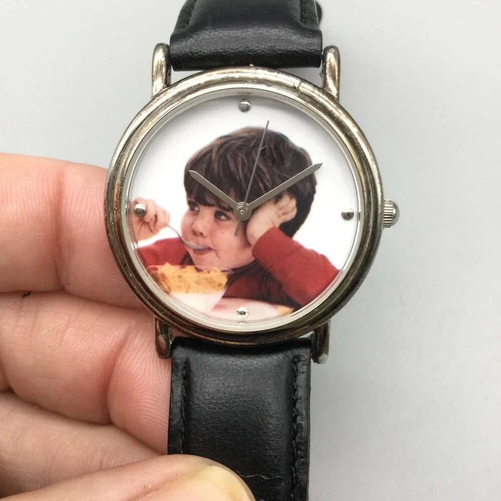 Life Cereal 2000 Men Watch 34mm Silver Tone He Likes It Hey Mikey Black Leather